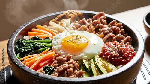 Korean bibimbap bowl with fried egg and vegetables