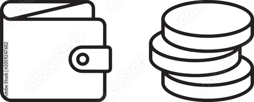 Obraz na plátně Leather Cash Wallet and Coin Stack Wealth Vector Line Icons Vector Illustration