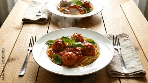 Spaghetti and meatballs plate on a wooden dining table