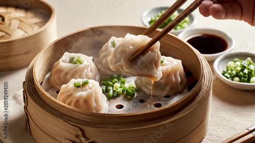 Steamed meat dumplings in traditional bamboo steamer basket.