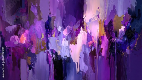 Vibrant vertical strokes of purple and magenta dominate an expressive abstract composition