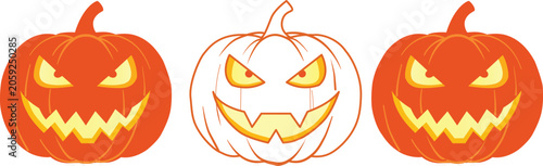 Set of three halloween pumpkins with scary faces isolated on white background