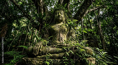 Ancient stone buddha statue overgrown with vines in a lush jungle