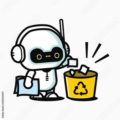 Little Robot Throws Trash in The Recycle Bin