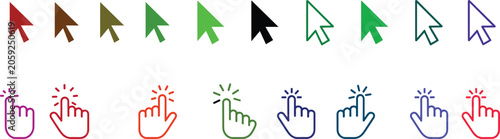 Colorful computer mouse cursor arrow and clicking hand pointer vector icons set for web design interface