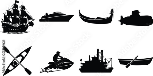 Collection of water transport silhouettes featuring maritime vessels ships boats submarine and recreational watercraft