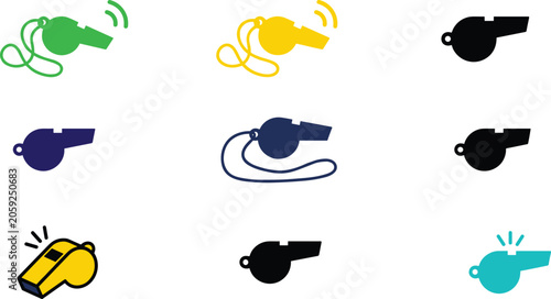 Colorful whistle vector icons set with sound waves and lanyard strings for sports coaching and referee signals