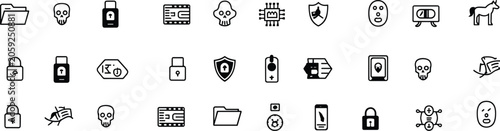 Cyber security and hacking line icon set containing malware ransomware skull padlock and virus symbols