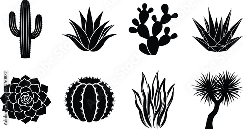 Desert plants and cactus black silhouettes vector icon set featuring agave succulents and saguaro