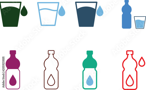 Drinking water glass and plastic bottle line and solid vector icons set for hydration and health layouts