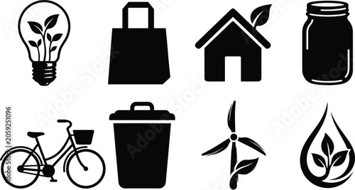 Ecology and zero waste black silhouettes vector icons set featuring renewable energy recycling and sustainability concepts