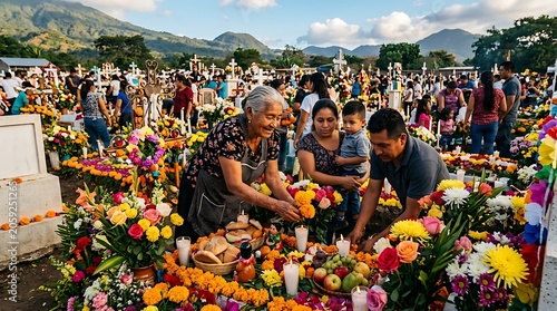 Family decorating grave with flowers and offerings for day of dead