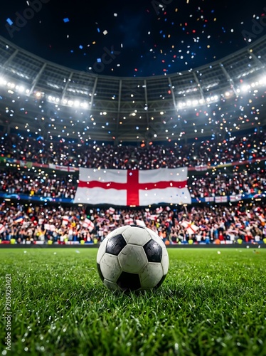 Soccer ball on green field with england flag and confetti in stadium and, football 2026, world cup 2026, world cup, FIFA world cup 2026, football final 2026