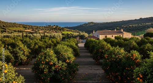 Lush orange grove with stone farmhouse overlooking the sea at sunset