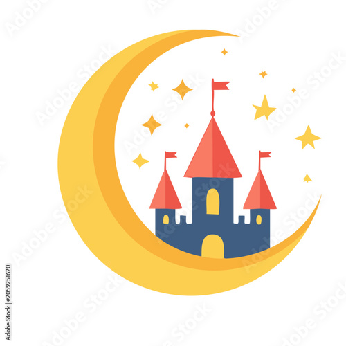 Flat Design Castle and Crescent Moon Illustration