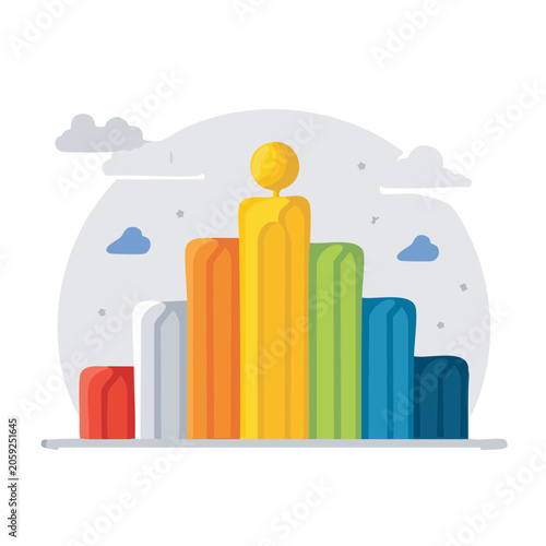 Flat design colorful bar chart with golden trophy