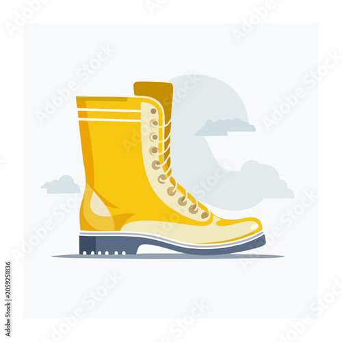 Yellow rain boot illustration with clouds