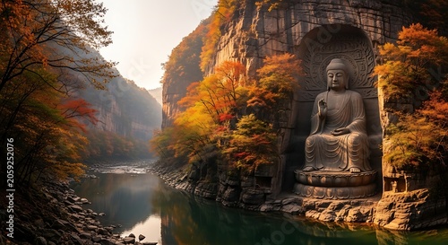 Giant stone buddha statue carved into a cliff by a river in autumn