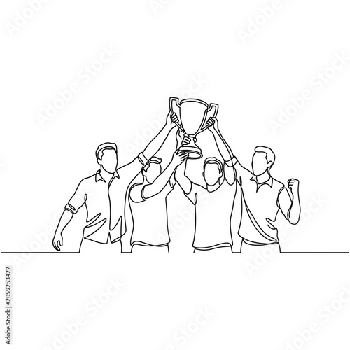 Tableau sur toile Continuous line drawing of a group of four happy teammates lifting a championship trophy cup