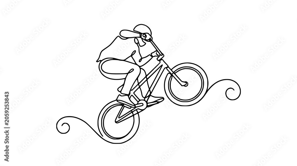 Naklejka premium Continuous line drawing of a BMX rider performing a trick against a white background