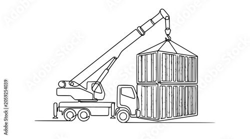 Crane Truck Loading Shipping Containers, Continuous Line Drawing Art