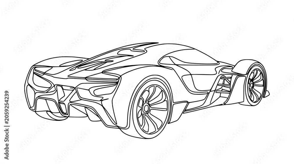 Naklejka premium Futuristic Sports Car Line Art - Sleek, Aerodynamic Design, White Background