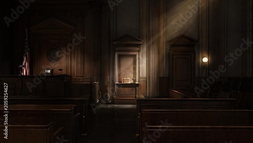 testimony. A vast, empty courtroom with dramatic lighting focused on the witness stand. event programs, museum guides, designed for cultural heritage projects and event programs.