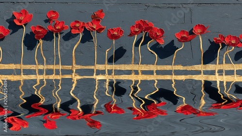 Multiple vibrant red blossoms stand tall above rippling water reflecting their forms against a dark backdrop