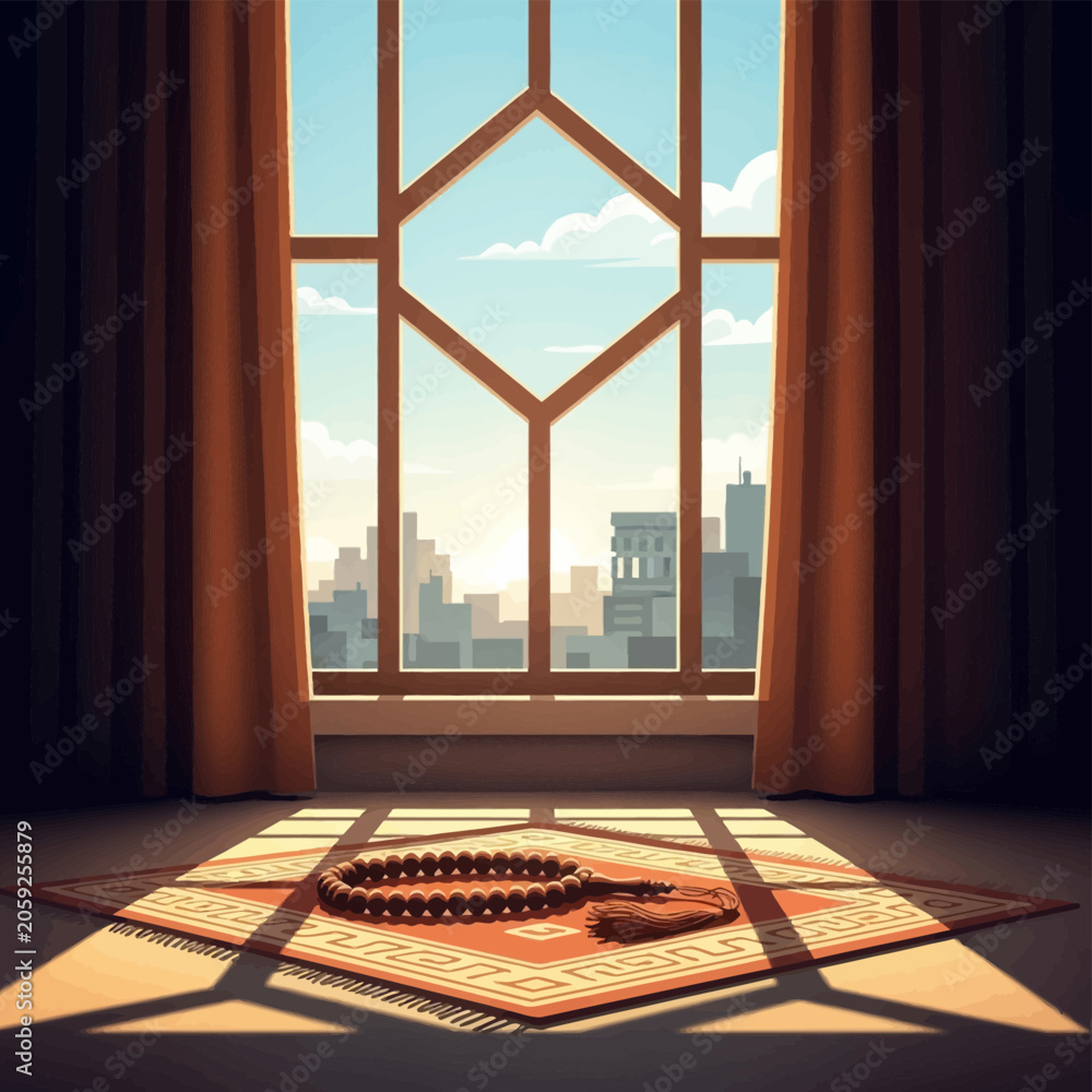 Fototapeta premium Vector illustration of wooden tasbih prayer beads with tassel on a red prayer mat indoors, featuring a large window with sunlight, curtains, and a distant city skyline view.