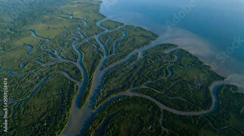Aerial view of a winding river system through green landscape