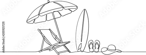 Foto Continuous one line drawing of beach vacation elements including umbrella chair surfboard flip flops and hat
