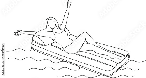 Quadro su tela Continuous one line drawing of a woman relaxing on a floating air mattress