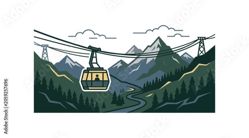 Vintage style illustration of a cable car gondola suspended in the mountains.