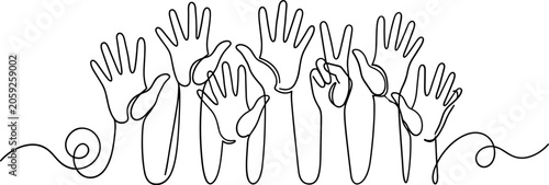 Foto Continuous line art of many diverse hands raised up.