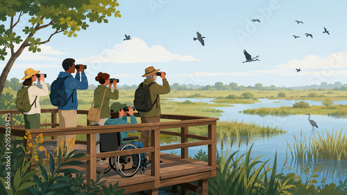 Outdoor Lifestyle Flat Illustration of People Birdwatching From A Nature Reserve Viewing Platform
