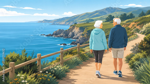 Outdoor Lifestyle Flat Illustration of Elderly Couple Walking On A Peaceful Coastal Path