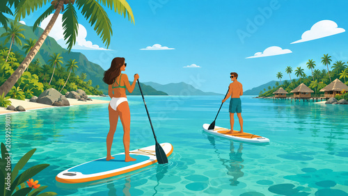 Outdoor Lifestyle Flat Illustration of Friends Paddleboarding On A Calm Tropical Lagoon