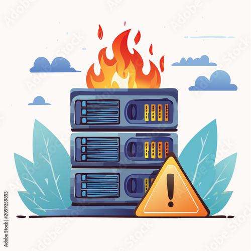 Server Rack on Fire with Warning Sign
