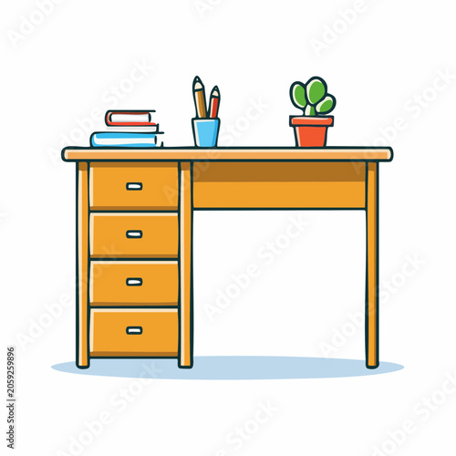 Wooden desk with drawers, books, pens, and plant