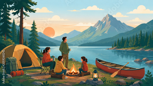 Outdoor Lifestyle Flat Illustration of Family Camping By A Lake With A Canoe And Tent