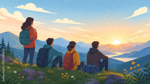 Outdoor Lifestyle Flat Illustration of Friends Watching Sunrise From A Scenic Hill