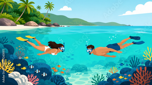 Outdoor Lifestyle Flat Illustration of Friends Snorkeling Near A Tropical Shore