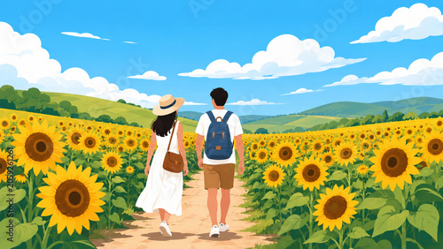 Outdoor Lifestyle Flat Illustration of People Walking Through A Sunflower Field Path