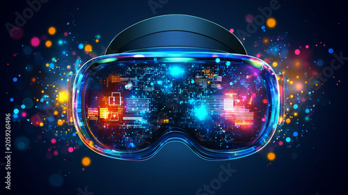 Futuristic headset display digital interface glowing light virtual reality technology neon color immersive abstract innovation entertainment