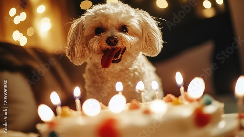 Dog celebrates birthday with a cake surrounded by candles in a cozy indoor setting