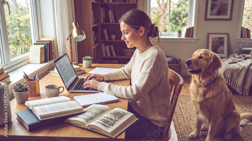 Woman typing laptop beside golden retriever home office
