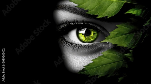 Extreme close-up of a beautiful green eye of a young woman looking through green leaves in the forest on black background with copy space. Ecological and environmentalist concept.