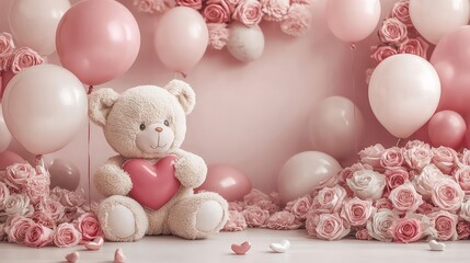 Cute teddy bear holding a heart in a romantic setting with roses and balloons for Valentine's Day celebration