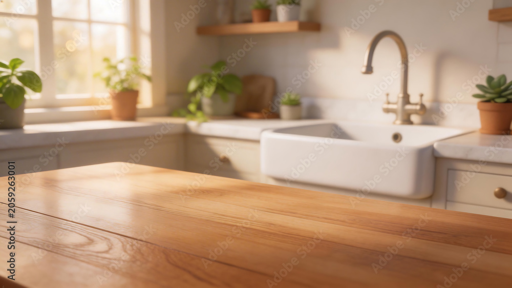 Fototapeta premium Wooden kitchen counter with sink and plants representing futuristic concepts and abstract thought