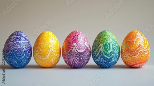 Easter eggs painted with intricate rainbow patterns.